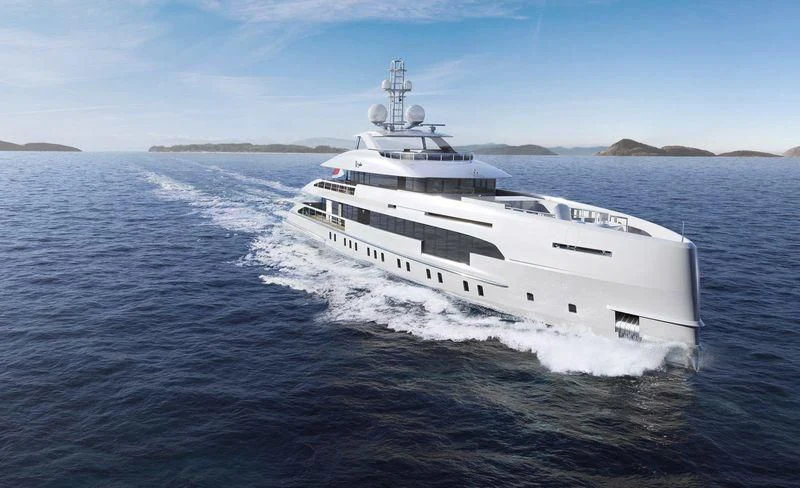 a white yacht on the water aboard ORION Yacht for Sale