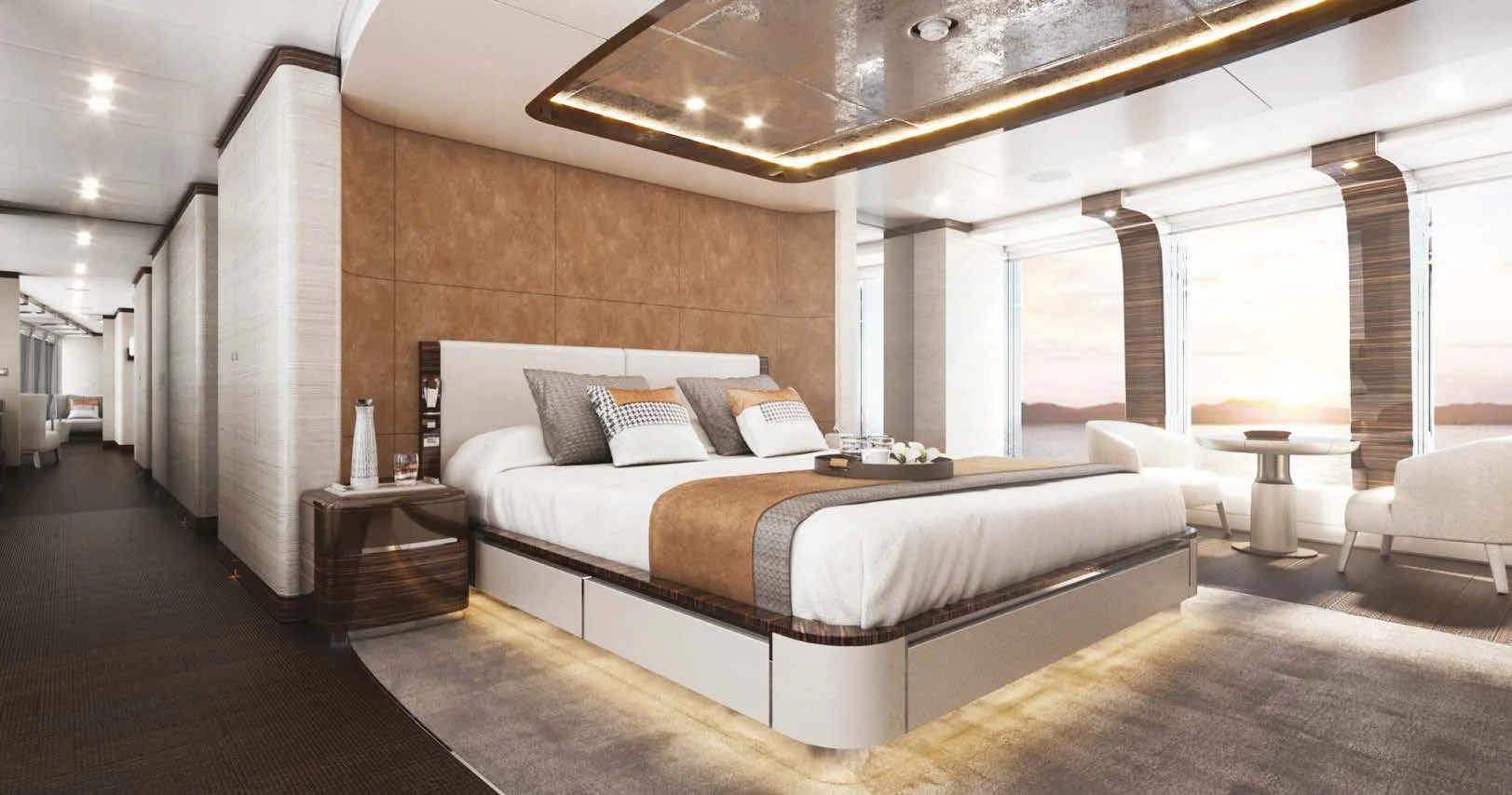 a large bed in a room aboard ORION Yacht for Sale
