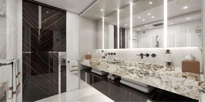 a large bathroom with a large countertop aboard ORION Yacht for Sale
