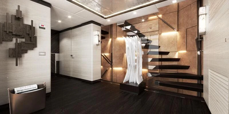 a room with a staircase and a white curtain aboard ORION Yacht for Sale