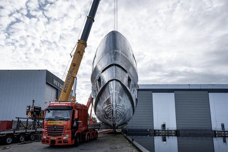 a large cylindrical object with a crane aboard ORION Yacht for Sale