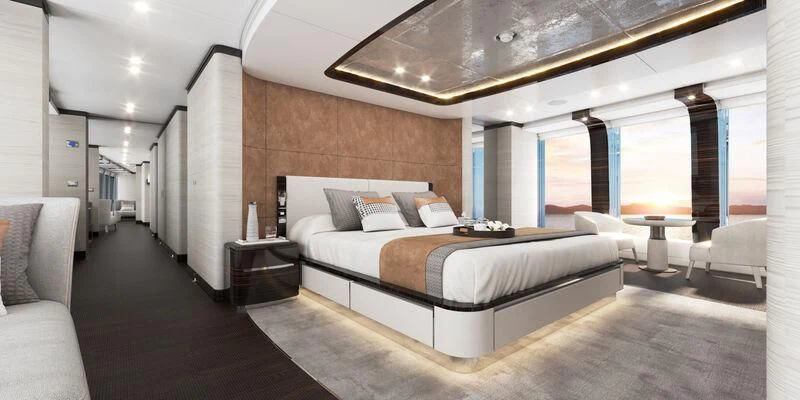 a large bed in a room aboard ORION Yacht for Sale