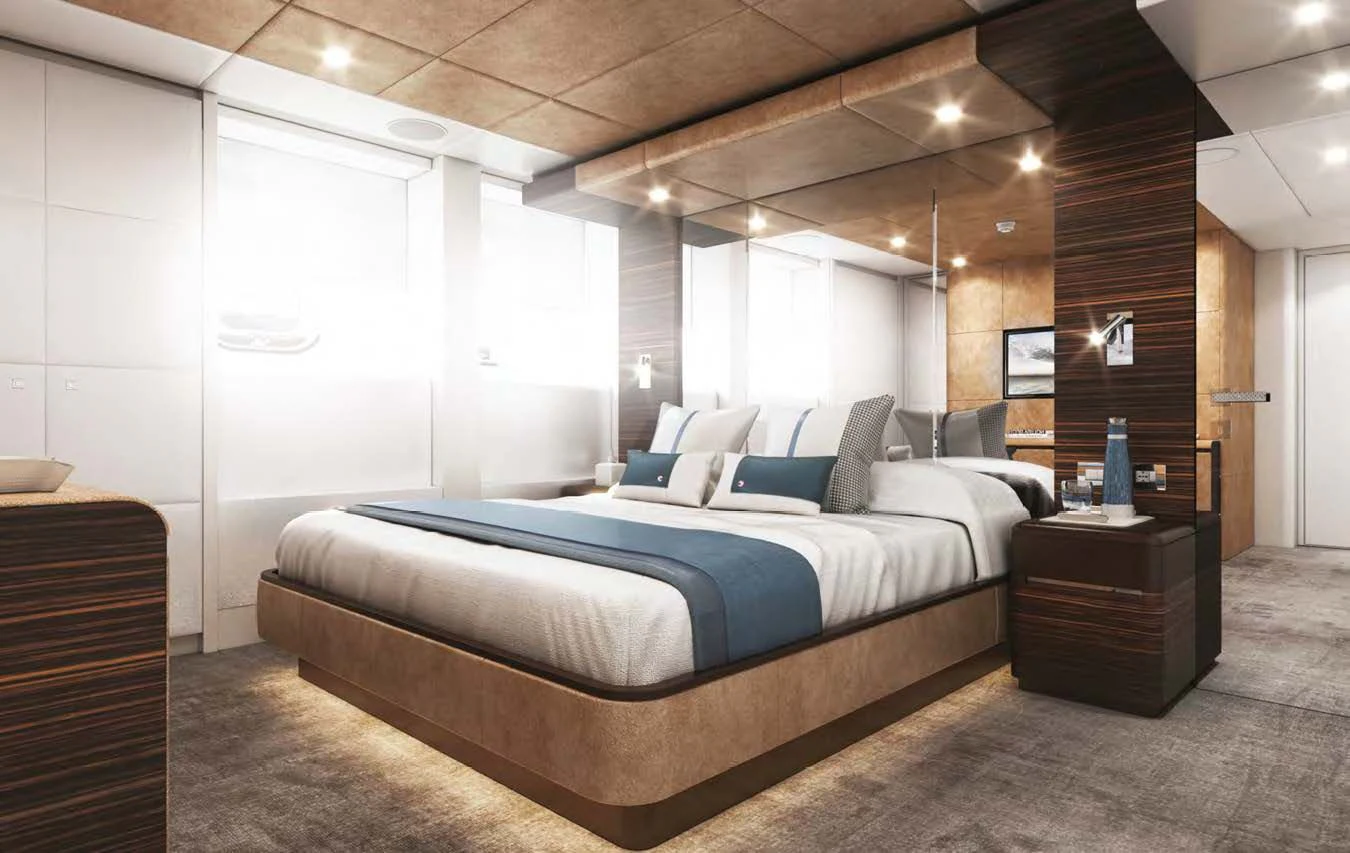 a large bed in a room aboard ORION Yacht for Sale