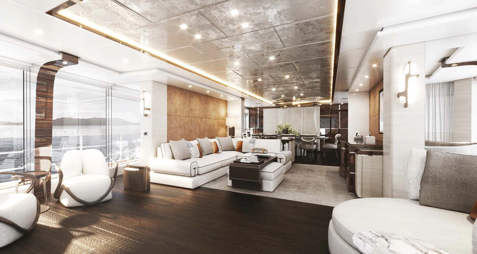 a large living room with a large window aboard ORION Yacht for Sale