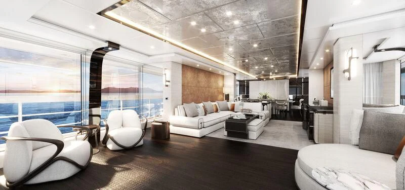 a room with a couch and a table and a large window aboard ORION Yacht for Sale