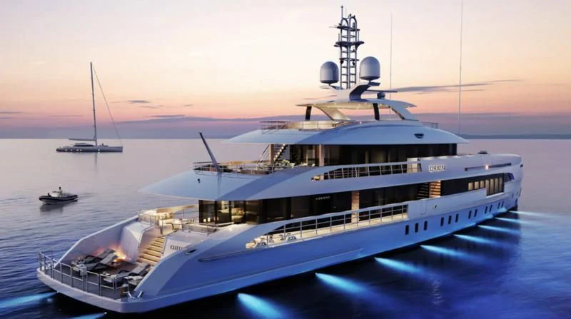 a large white boat in the water aboard ORION Yacht for Sale
