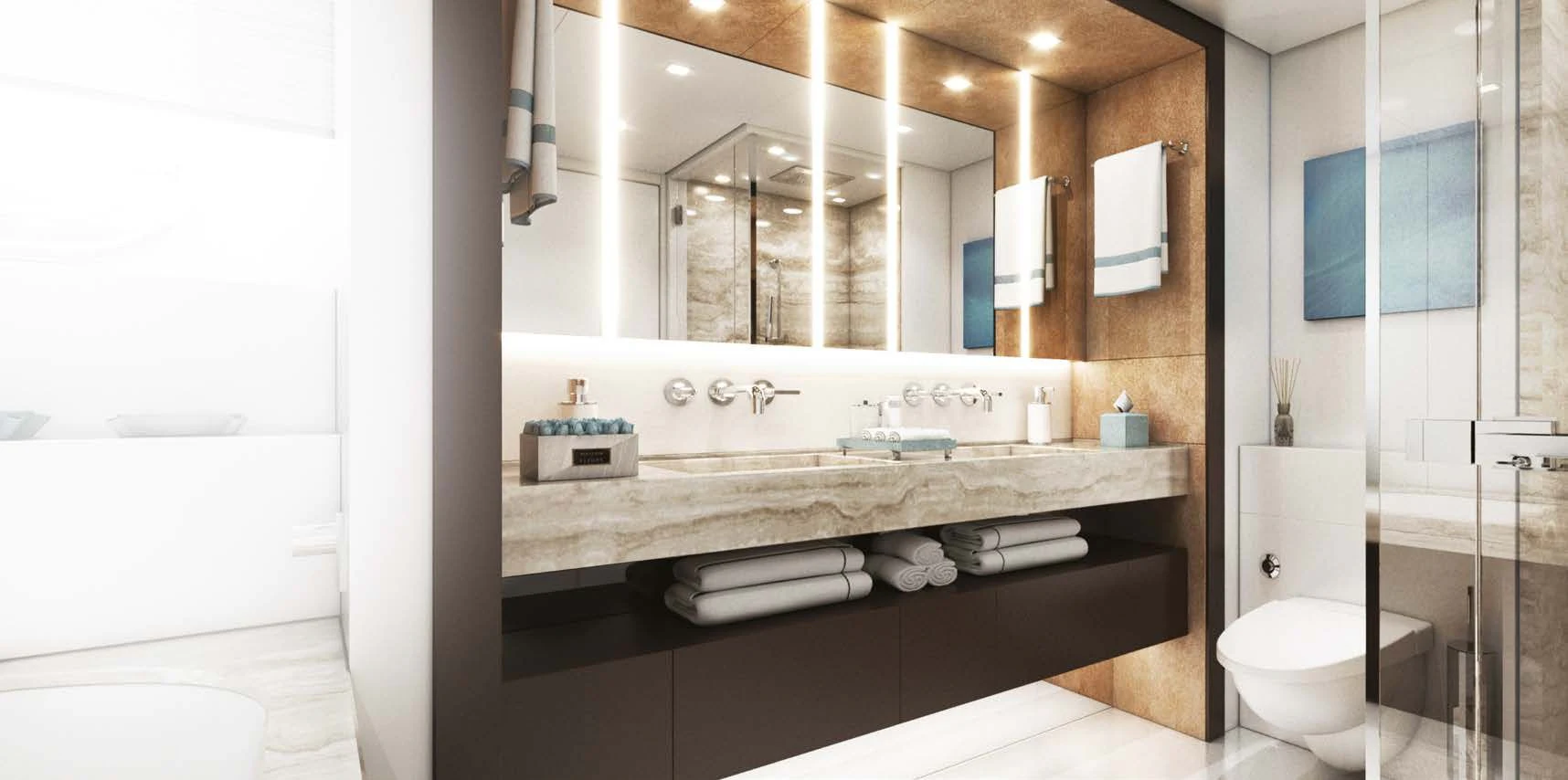a bathroom with a large mirror aboard ORION Yacht for Sale