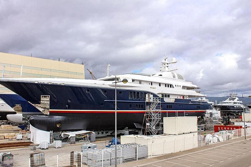 a large blue and white ship aboard SYCARA V Yacht for Sale