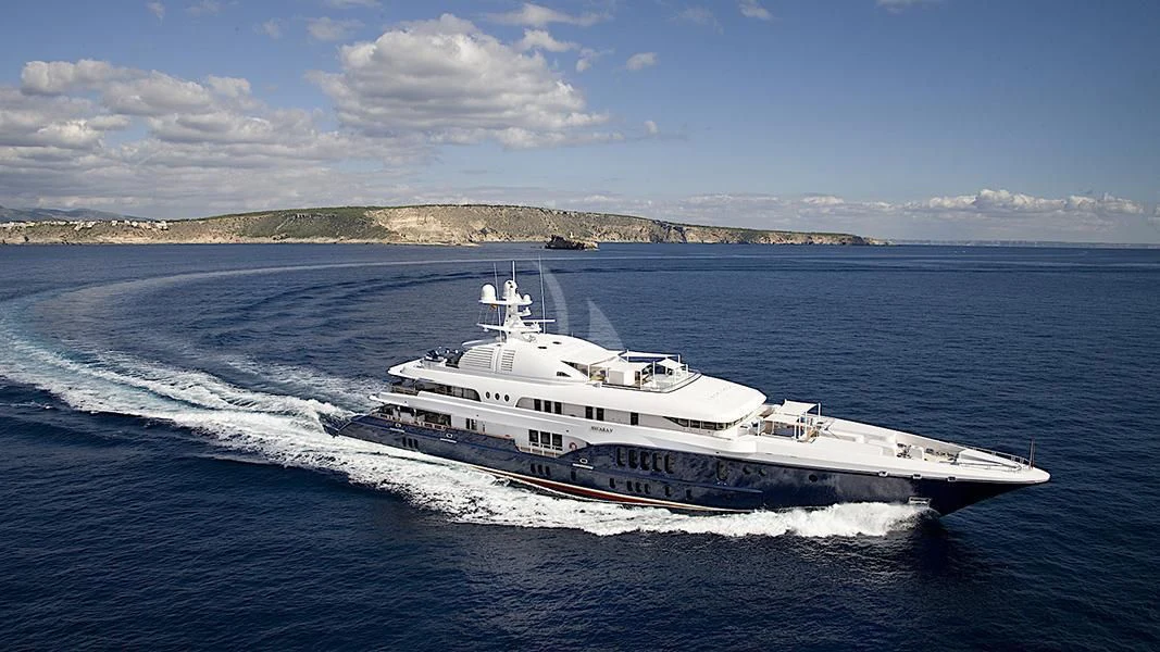 a large white boat on the water aboard SYCARA V Yacht for Sale