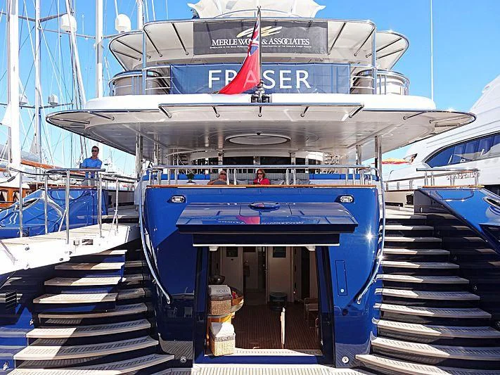a boat docked at a pier aboard SYCARA V Yacht for Sale