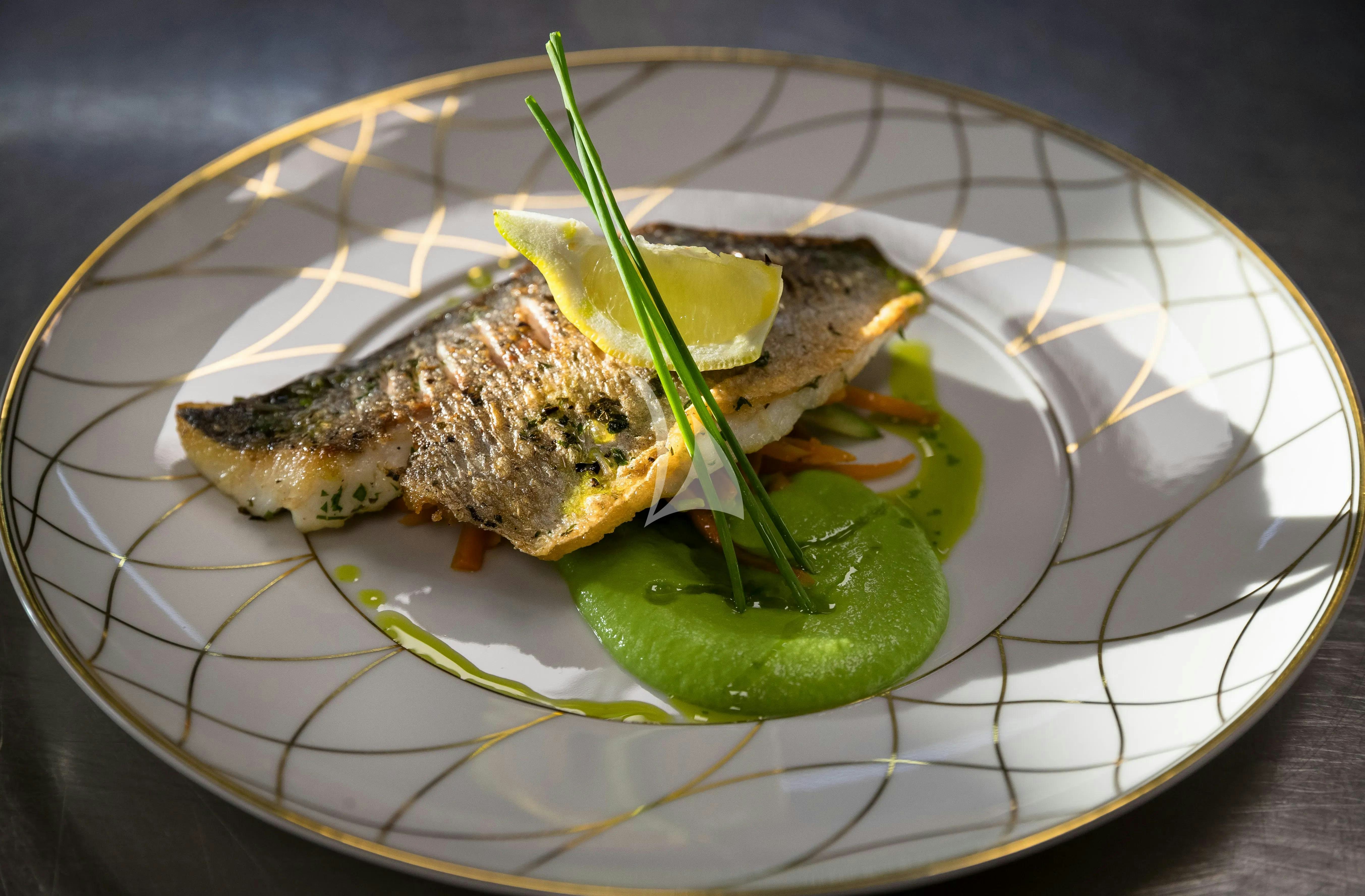 a plate of food aboard BOADICEA Yacht for Sale