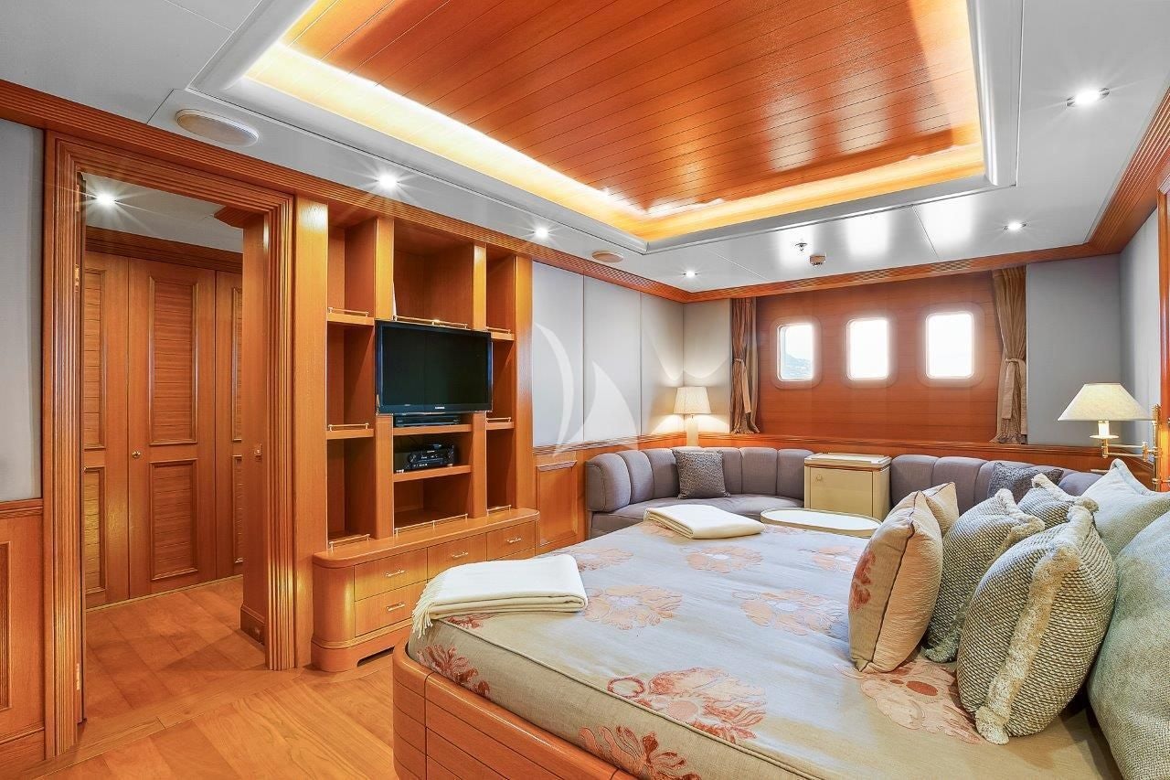 a bed in a room aboard BOADICEA Yacht for Sale