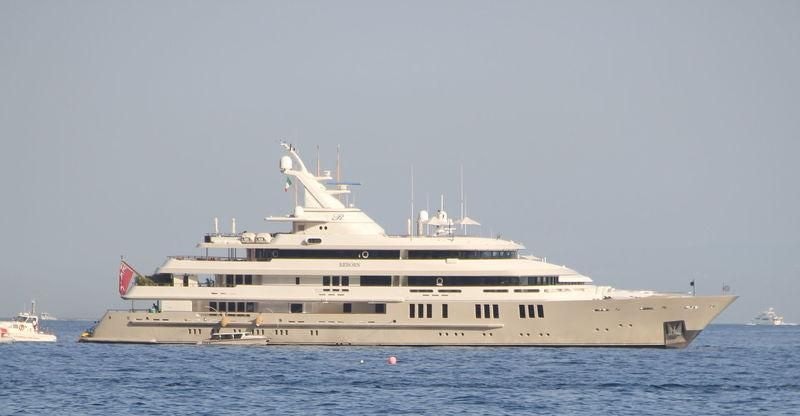 a large white ship in the water aboard BOADICEA Yacht for Sale