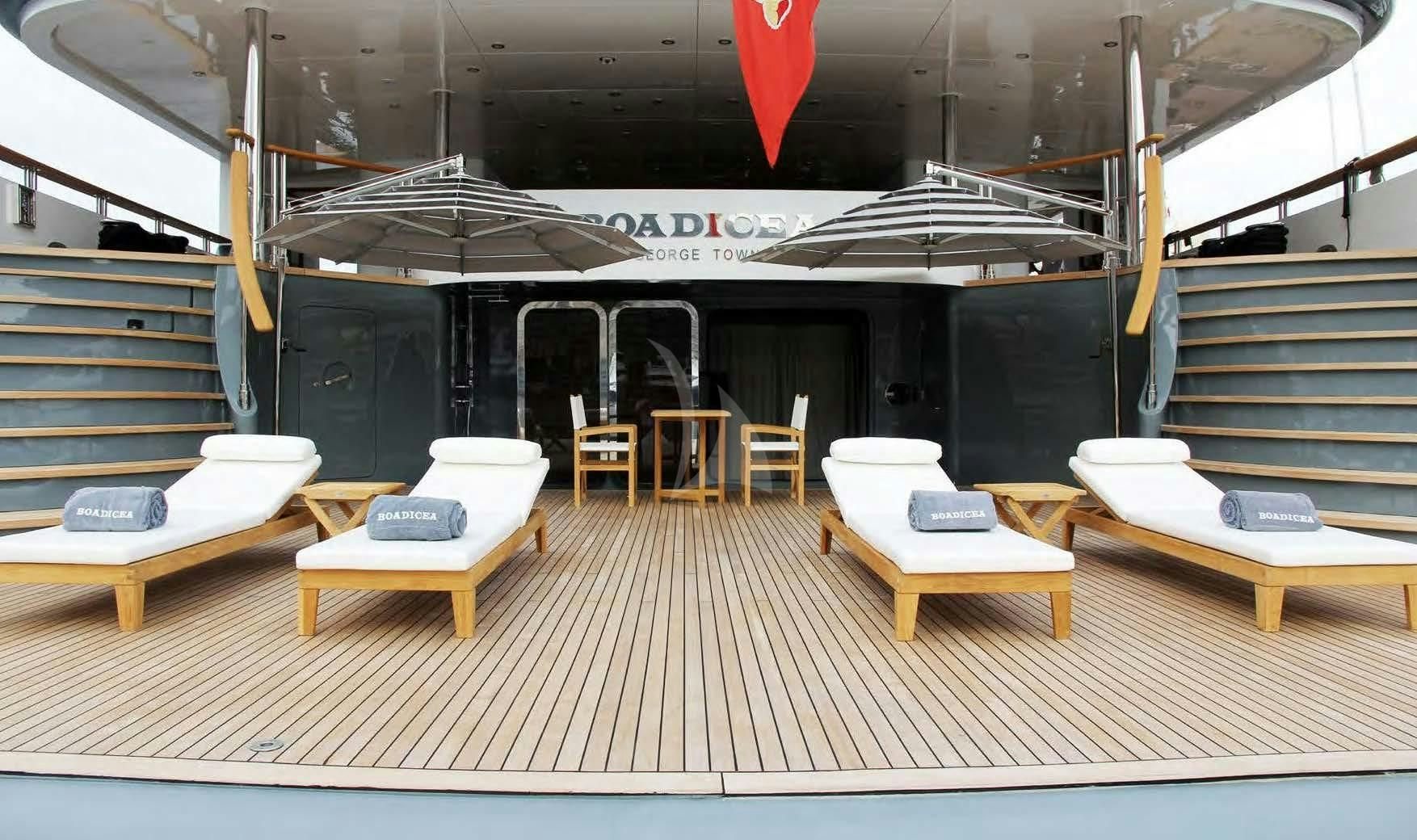 a room with tables and chairs aboard BOADICEA Yacht for Sale
