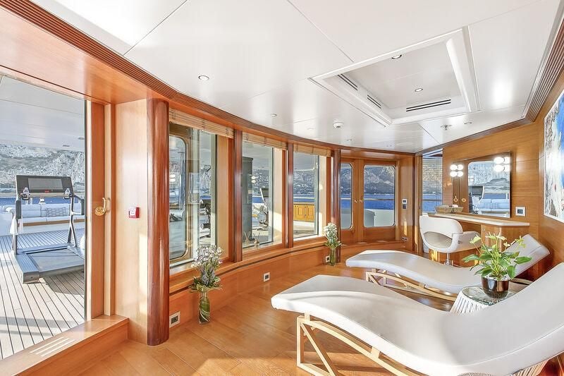 a large room with a large window aboard BOADICEA Yacht for Sale