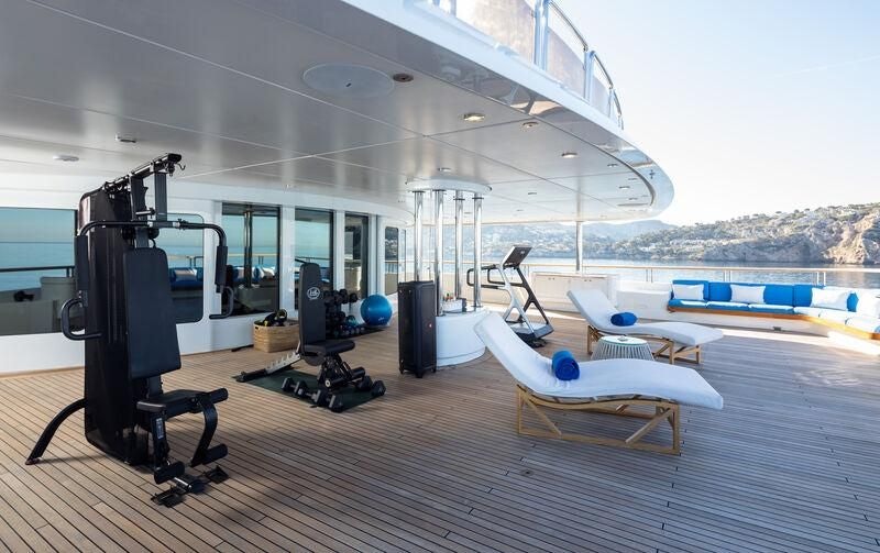 a gym with a pool table aboard BOADICEA Yacht for Sale