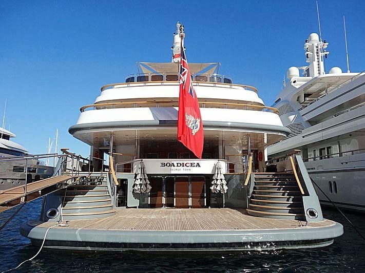 a large boat docked aboard BOADICEA Yacht for Sale