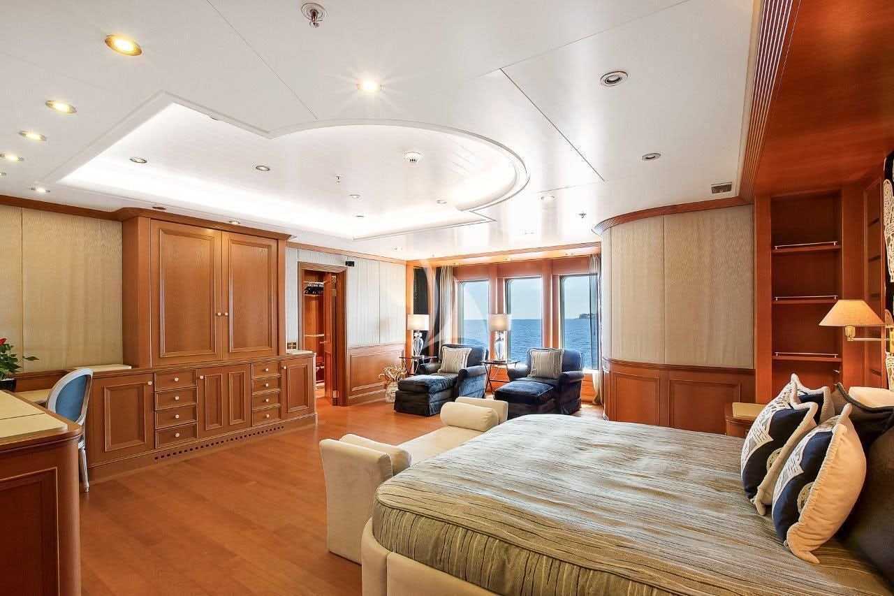 a large modern looking living room aboard BOADICEA Yacht for Sale