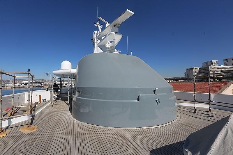 a large white satellite dish aboard BOADICEA Yacht for Sale