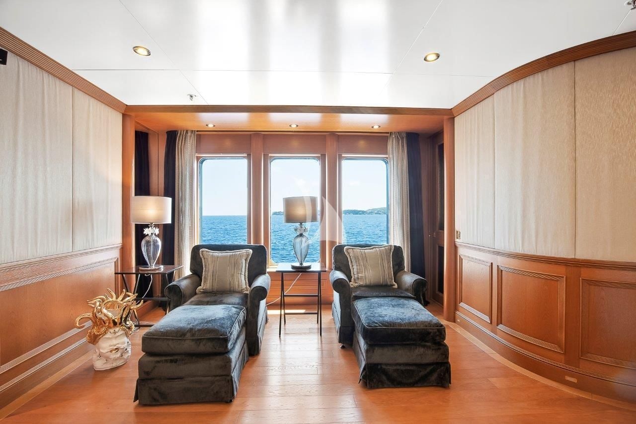 a room with a large window aboard BOADICEA Yacht for Sale