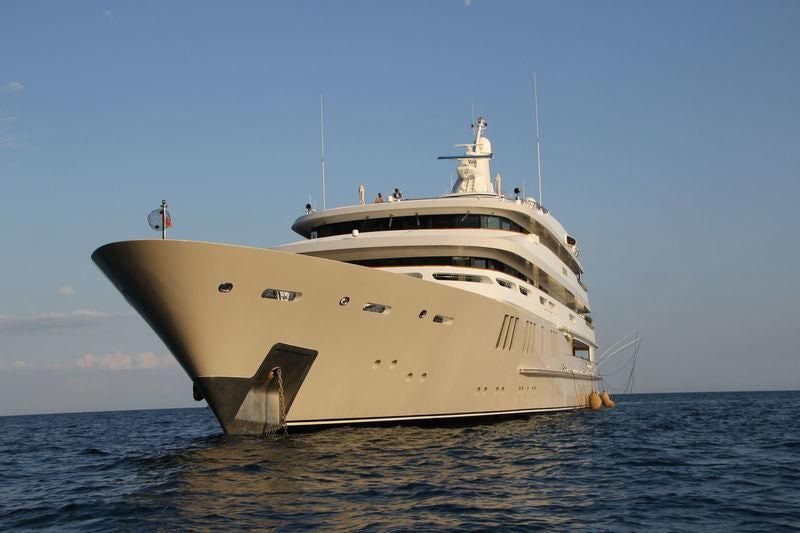 a large white boat in the water aboard BOADICEA Yacht for Sale