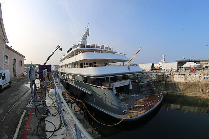 a boat docked at a pier aboard BOADICEA Yacht for Sale