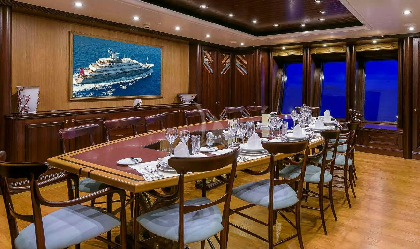 a table set for a dinner aboard BOADICEA Yacht for Sale