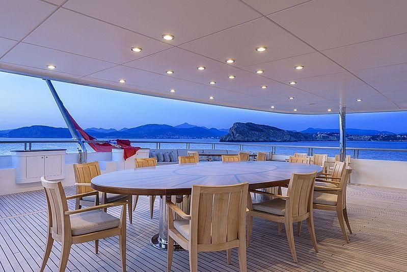 a table and chairs in a room with a view of the water and mountains in the background aboard BOADICEA Yacht for Sale