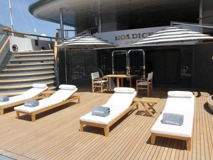 a room with tables and chairs aboard BOADICEA Yacht for Sale