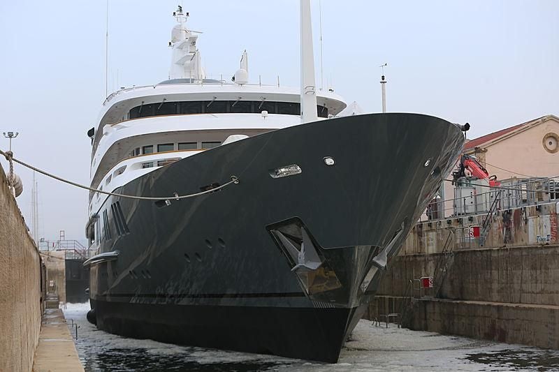 a large ship docked aboard BOADICEA Yacht for Sale