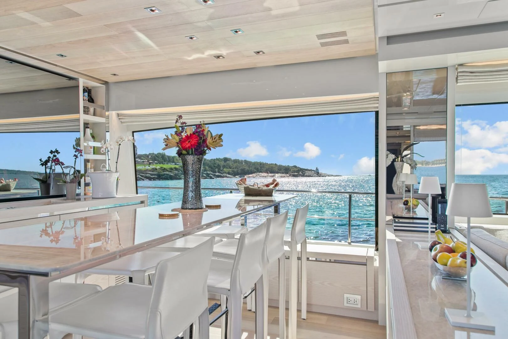 a large open kitchen with a large ocean view aboard JUJU Yacht for Sale