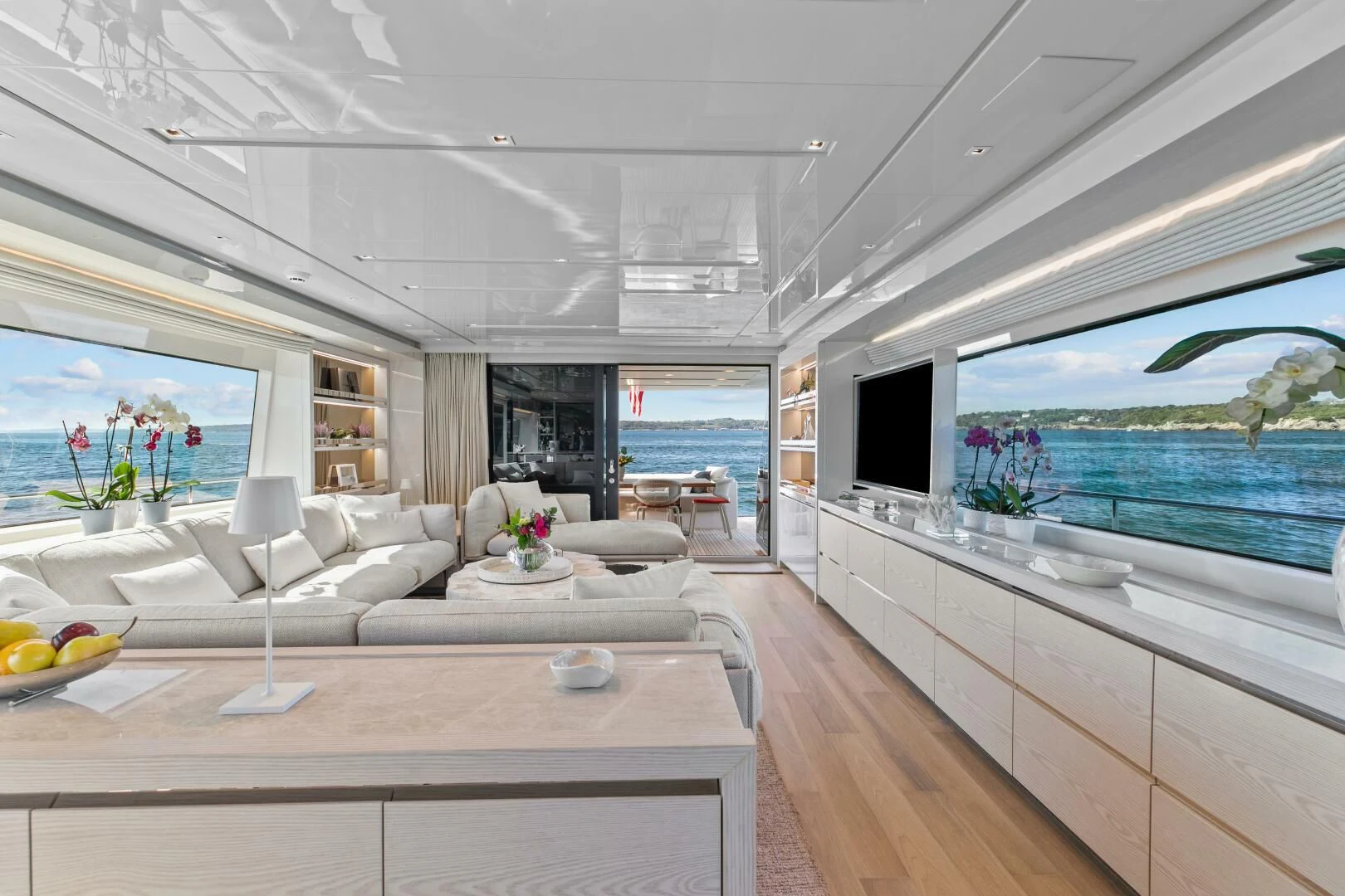 a modern looking living room aboard JUJU Yacht for Sale