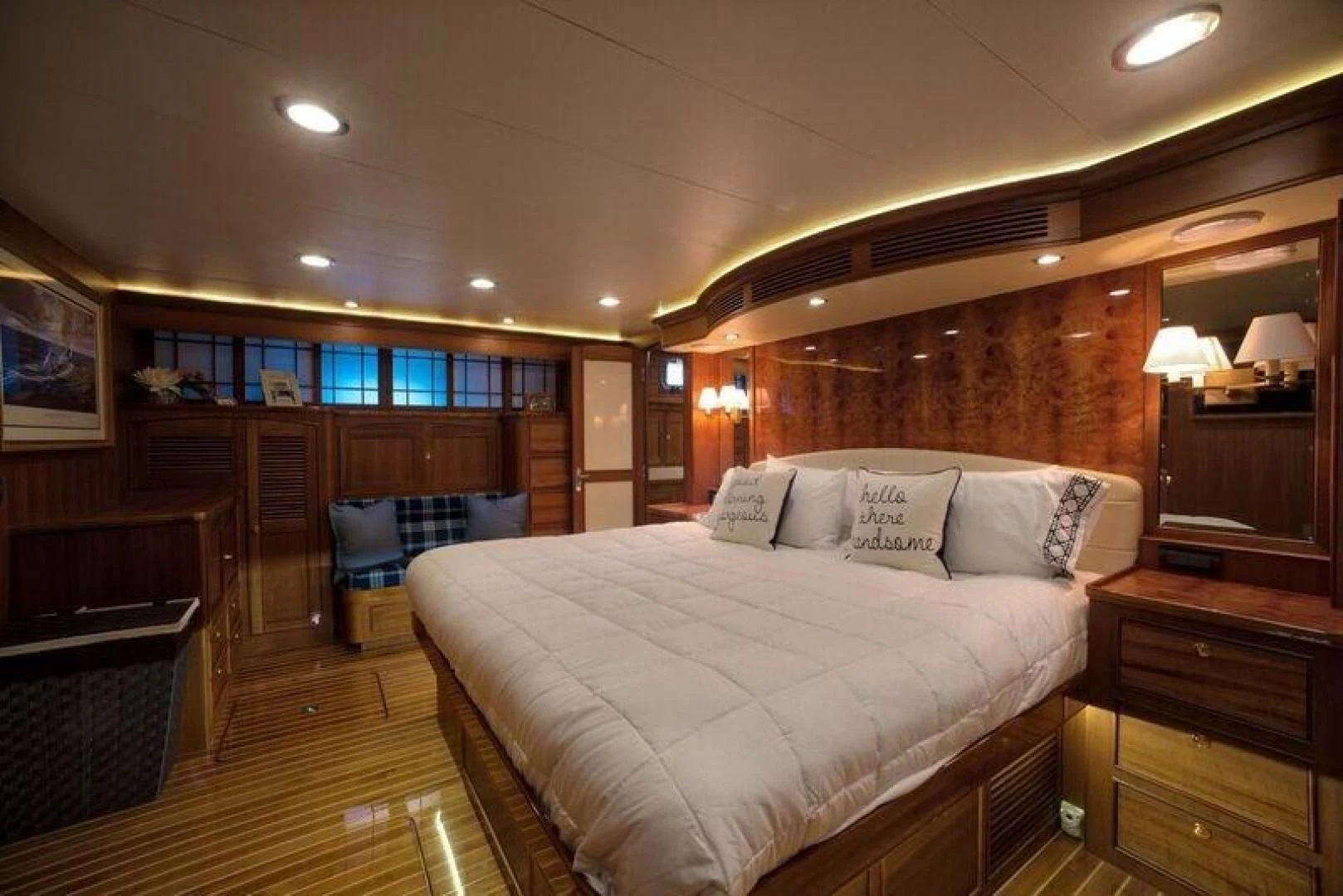 a room with a bed and a desk aboard GRACIE Yacht for Sale