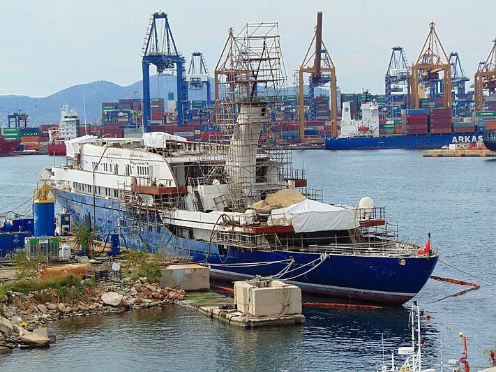 a large ship in the water aboard NAVTILVS Yacht for Sale