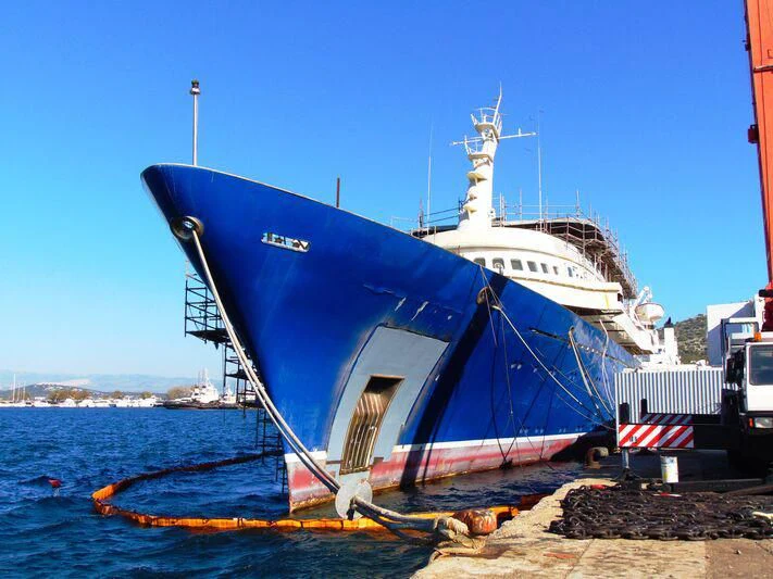 a large blue and white boat aboard NAVTILVS Yacht for Sale