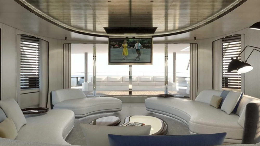 a living room with a large window aboard ANURAG Yacht for Sale