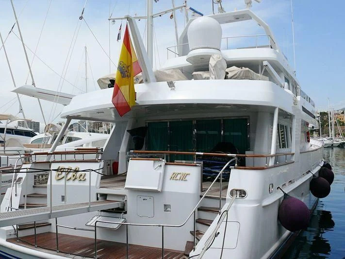 a boat docked at a pier aboard ELBA Yacht for Sale