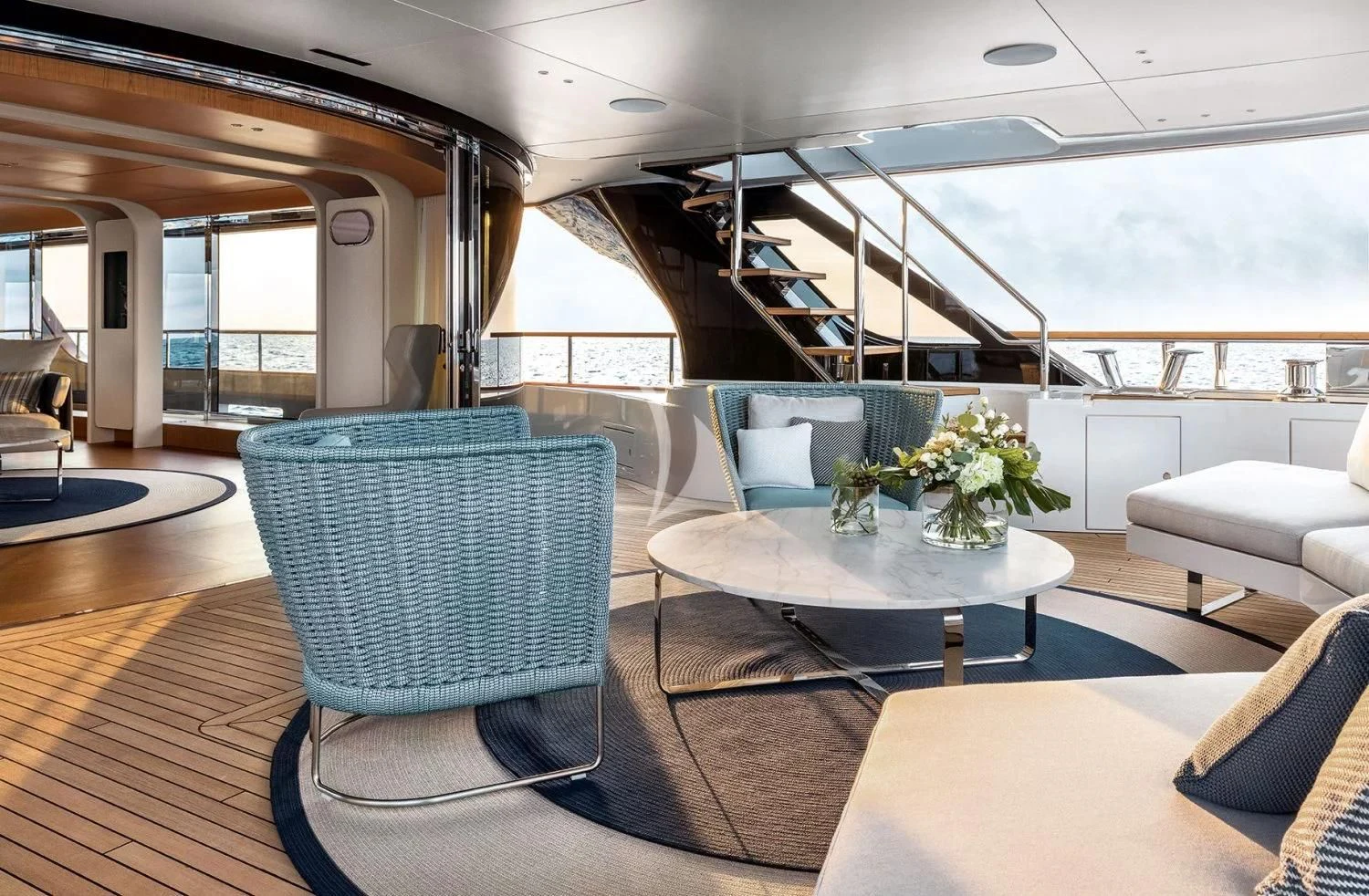 a modern looking living room aboard LEGEND Yacht for Sale