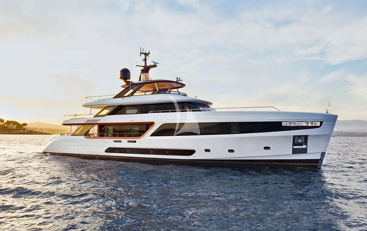 a white yacht on the water aboard LEGEND Yacht for Sale