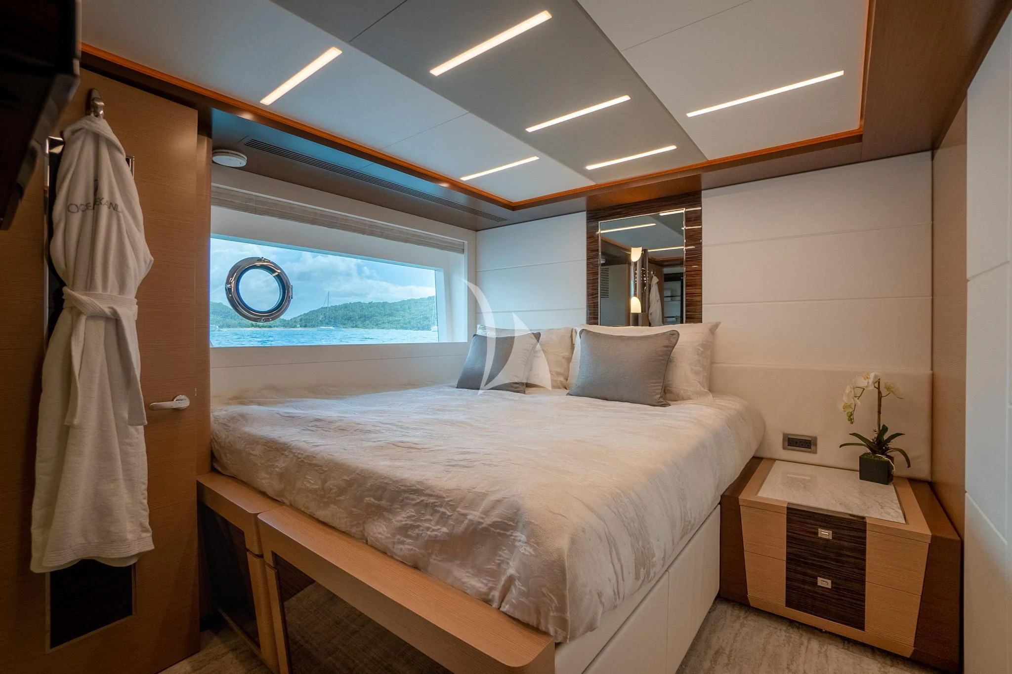 a bedroom with a large bed aboard CHILLAXIN' Yacht for Sale
