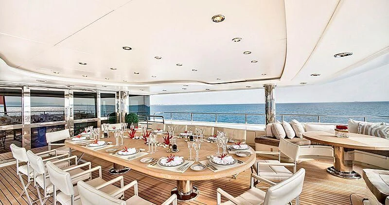 a room with a table chairs and a large window aboard ELENI Yacht for Sale