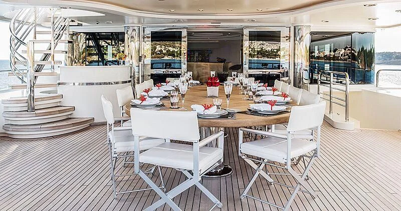 a room with tables and chairs aboard ELENI Yacht for Sale