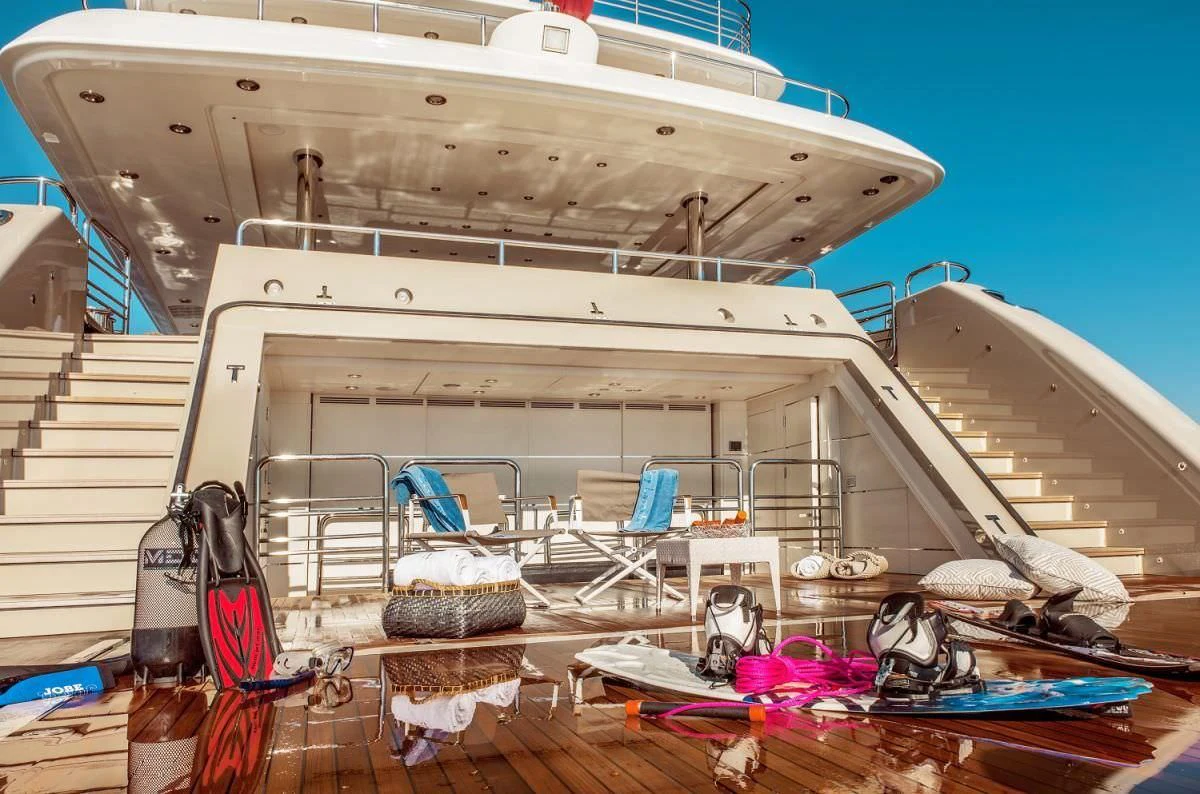 a boat docked at a pier aboard ELENI Yacht for Sale