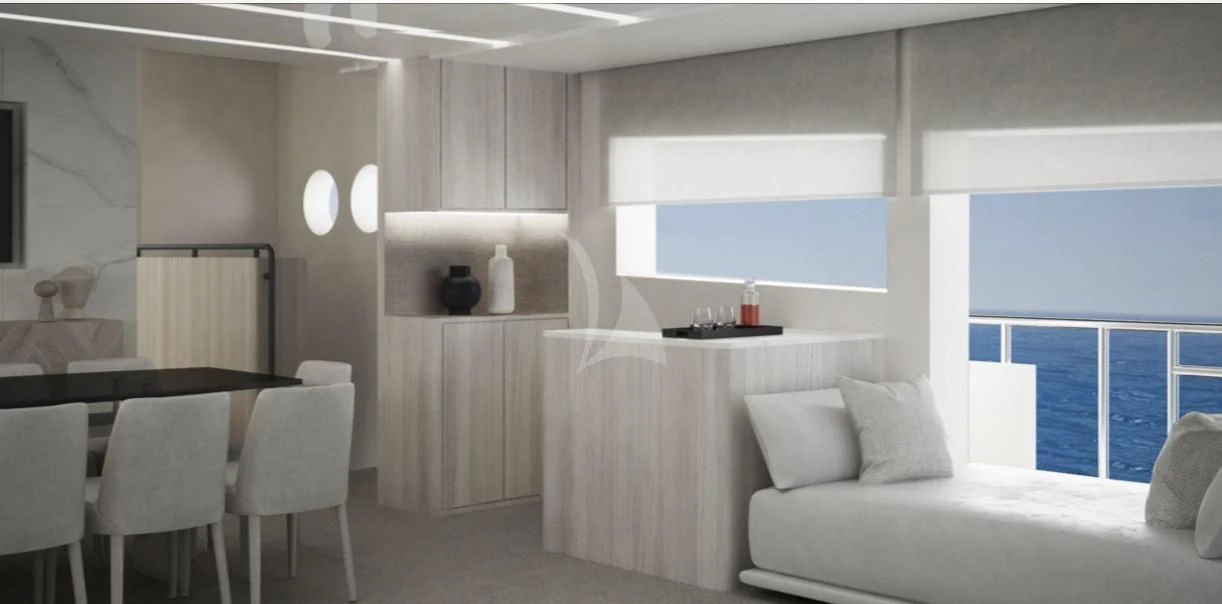 a room with white furniture aboard FUNSEA Yacht for Sale