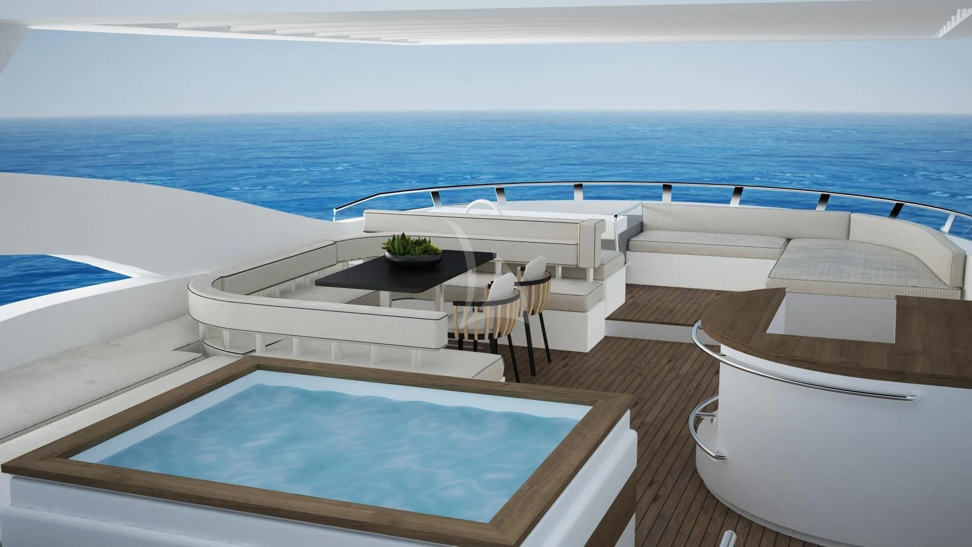a room with a pool and a table and chairs on the side aboard FUNSEA Yacht for Sale