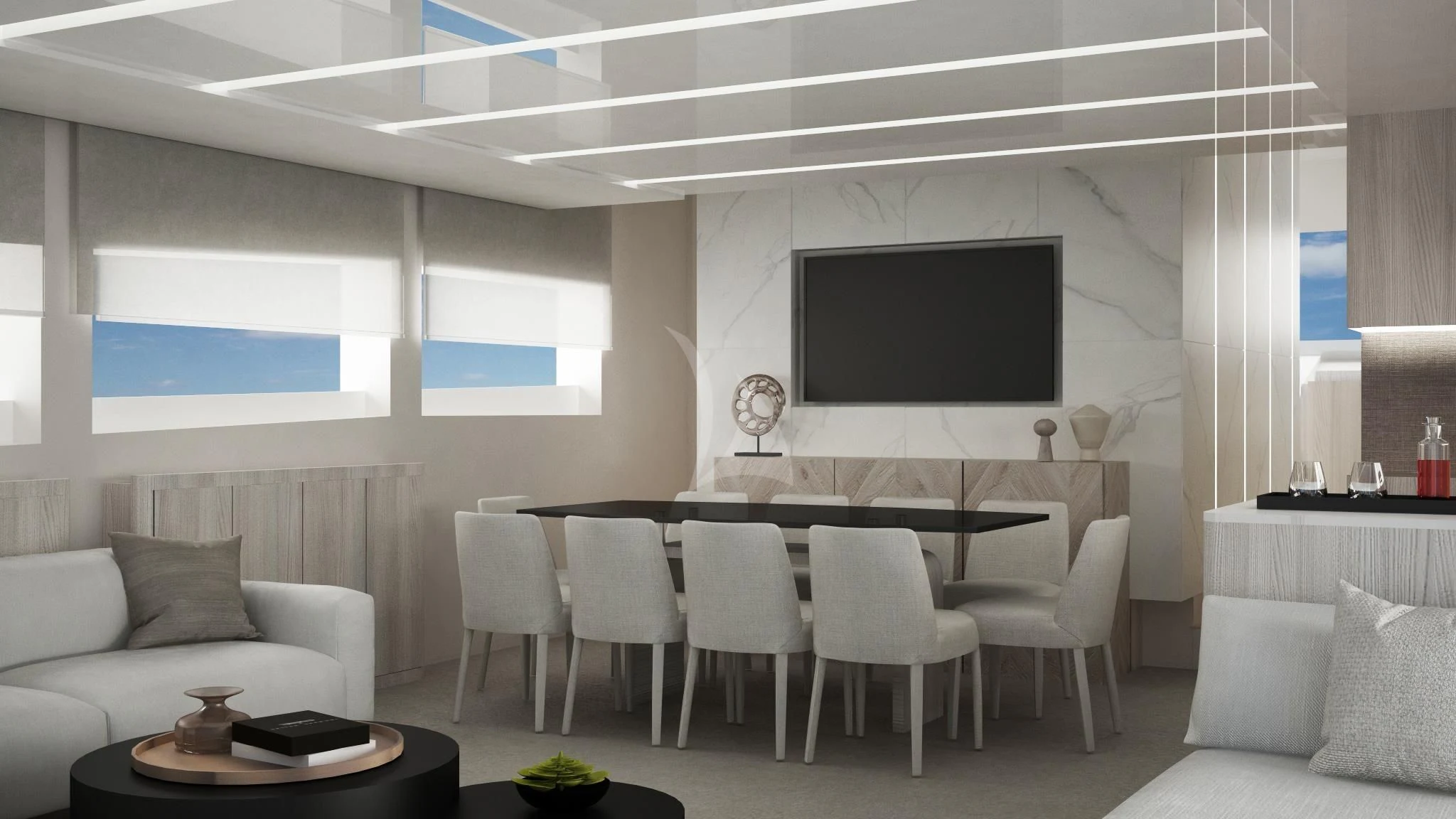 a room with a table and chairs aboard FUNSEA Yacht for Sale