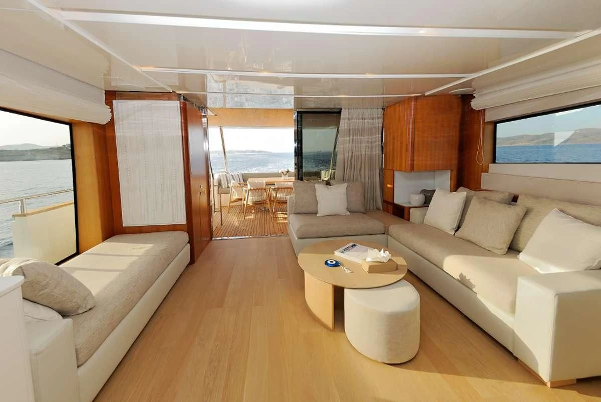 a living room with a large window aboard FUNSEA Yacht for Sale