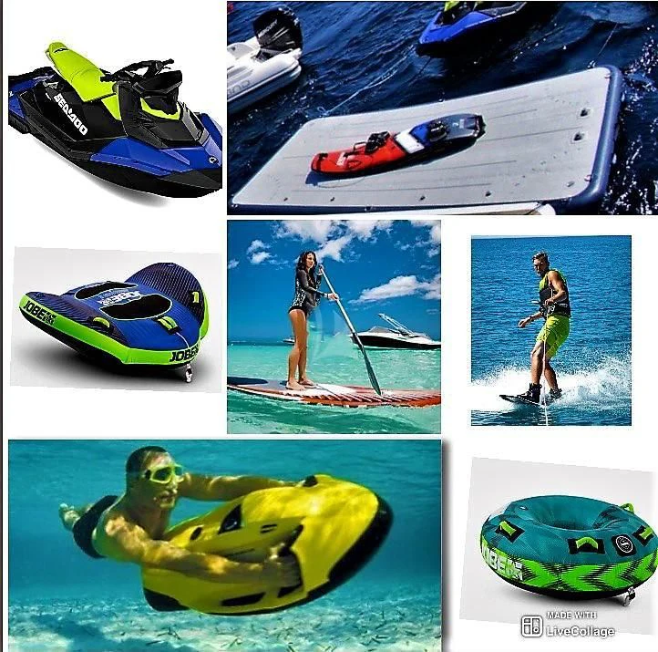 a collage of a woman and a man on a jet ski aboard FUNSEA Yacht for Sale