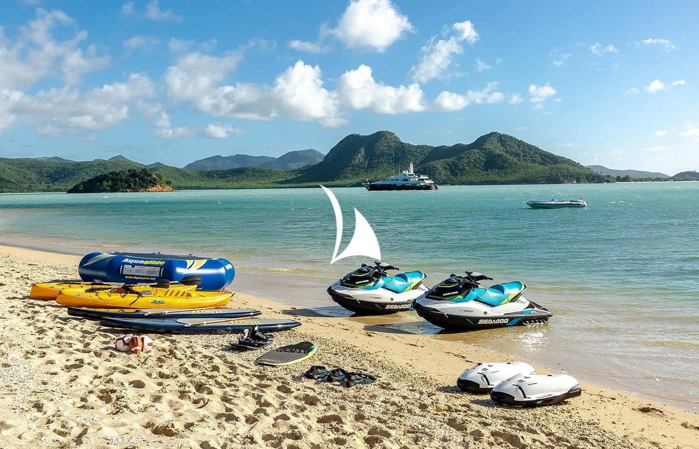boats on a beach aboard ODESSA Yacht for Charter