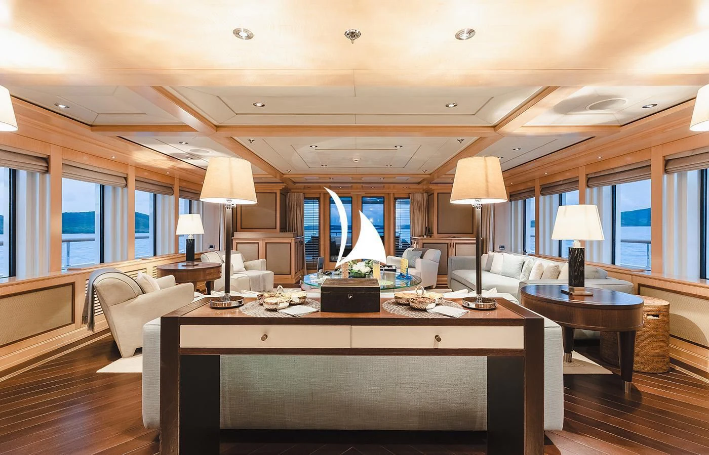a room with a desk and a window aboard ODESSA Yacht for Charter